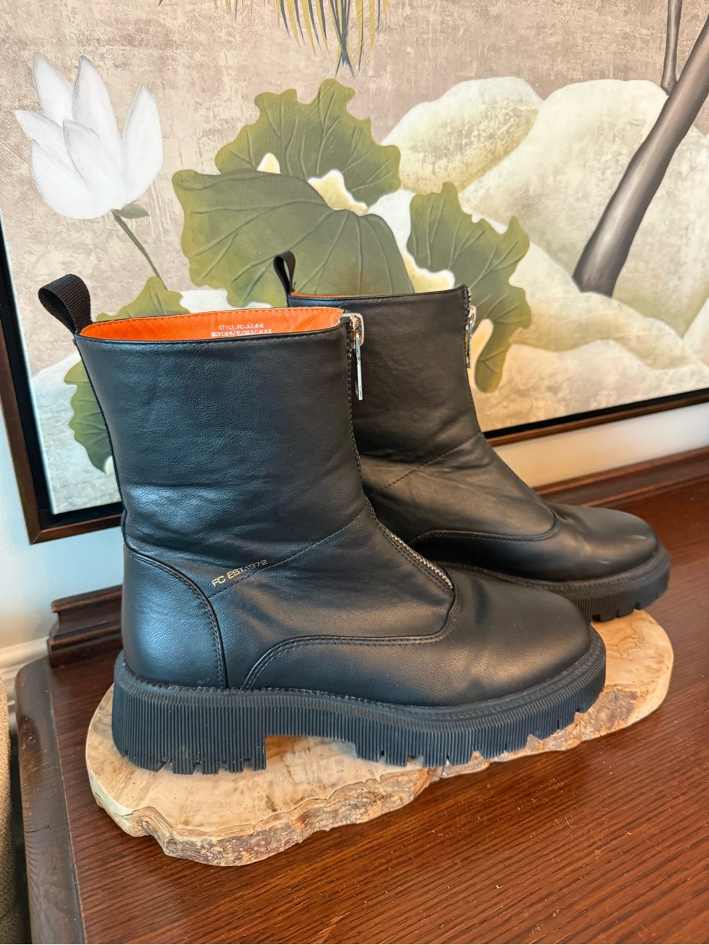 French Connection Julie Front Zipper lug sole Boots black size US 8 combat